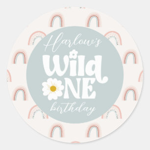Sticker Rond Boho Rainbow Daisy Wild One Girl'anniversaire prem