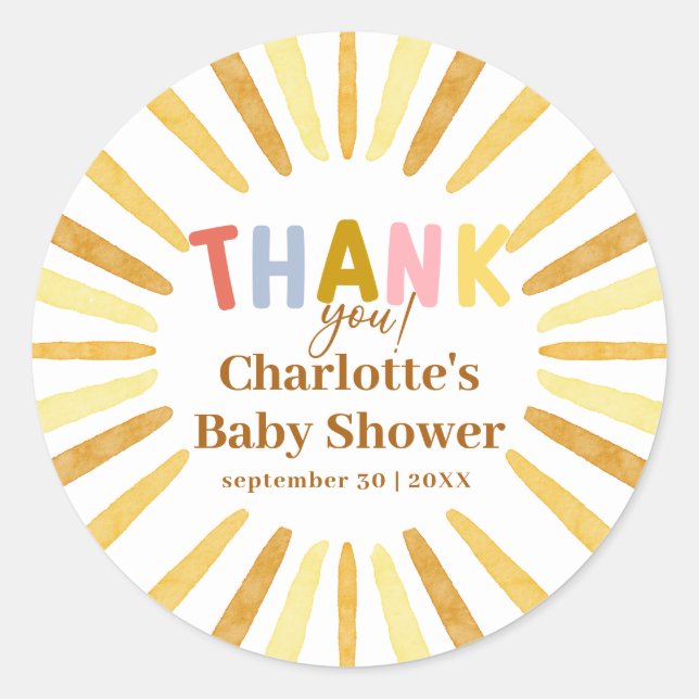 Sticker Rond Boho Ray of Sunshine Baby shower Merci (Devant)