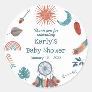 Sticker Rond Boho Retro Baby shower Sun Moon Merci
