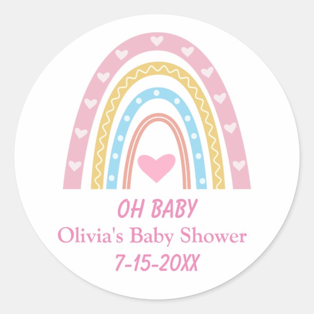 Sticker Rond Boho rose bleu jaune arc-en-ciel Oh Baby shower (Devant)