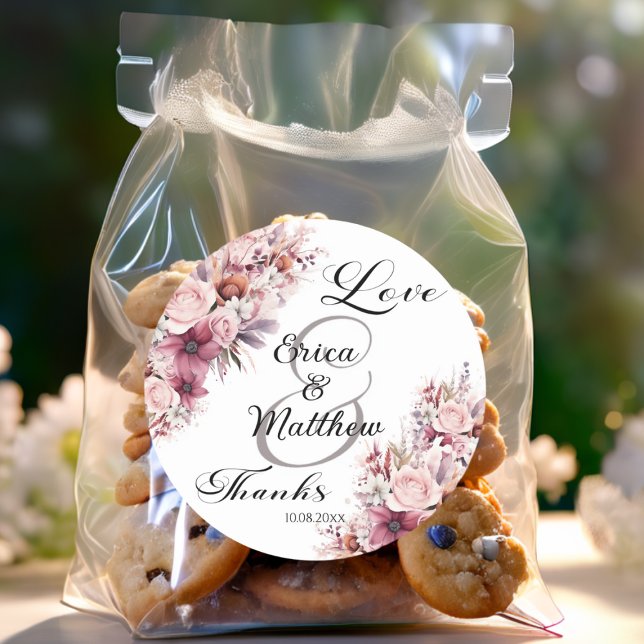 Sticker Rond Boho rose Dusty Floral Mariage de script moderne (Créateur téléchargé)