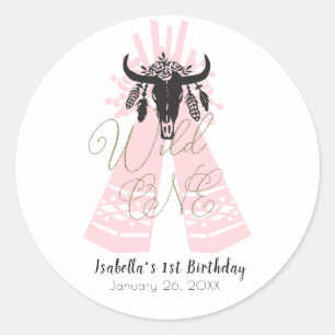 Sticker Rond Boho rose et noir Wild ONE Girl Anniversaire