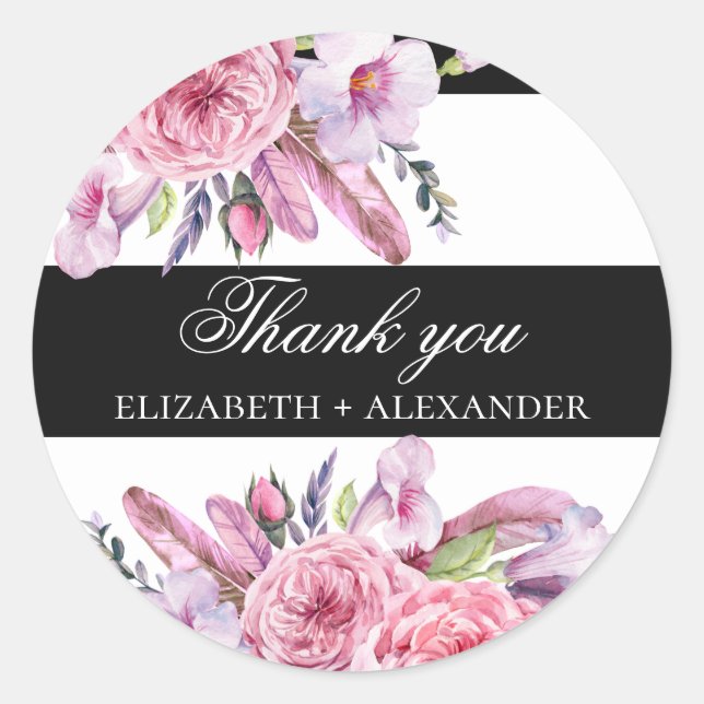 Sticker Rond Boho rose fleurs et plumes mariage merci (Devant)