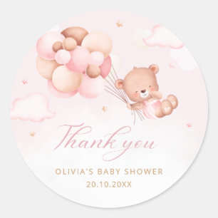 Sticker Rond Boho rose Teddy ours fille Merci Baby shower