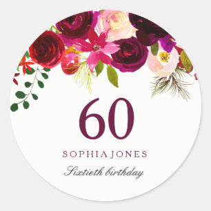 Sticker Rond Boho rouge bordeaux 60e fête d'anniversaire