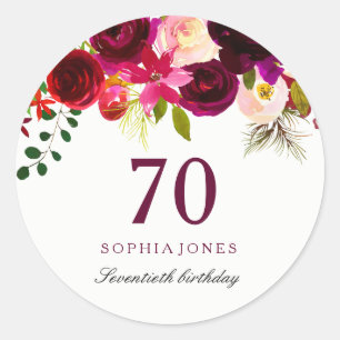 Sticker Rond Boho rouge bordeaux 70e fête d'anniversaire