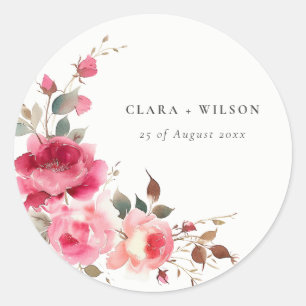 Sticker Rond Boho Rouge Rose Fleurs Mariage d'aquarelle