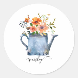 Sticker Rond Boho rouille orange fleurs aquarelle arrosoir