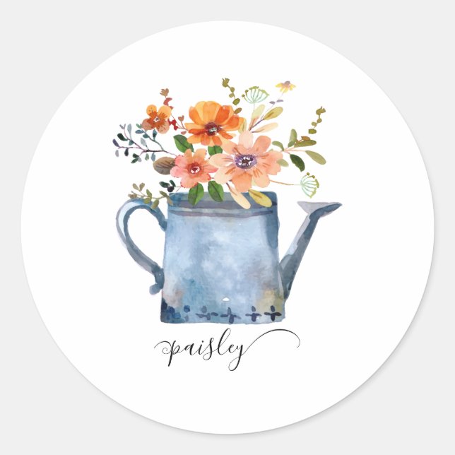 Sticker Rond Boho rouille orange fleurs aquarelle arrosoir (Devant)