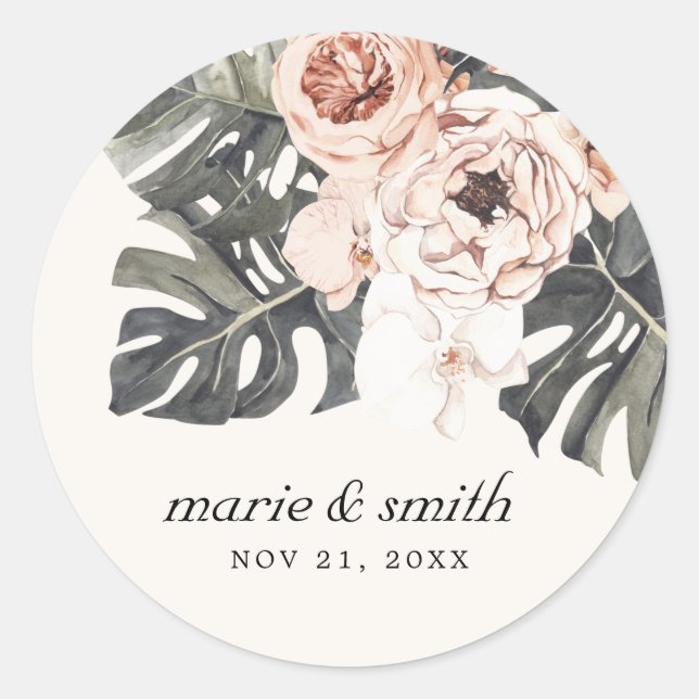 STICKER ROND BOHO RUST MONSTERA COULEUR D'EAU MARIAGE FLORAL (Devant)