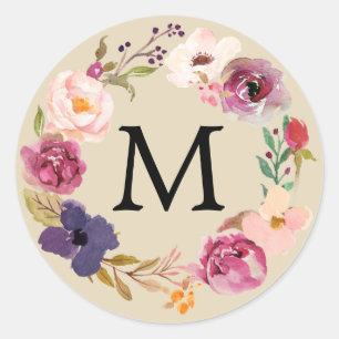 Sticker Rond Boho rustique aquarelle Floral Wreath Monogramme