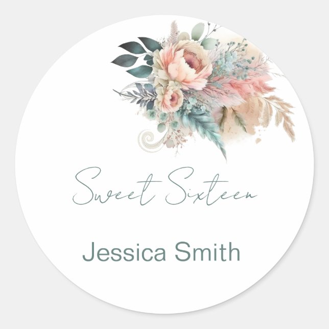 Sticker Rond Boho rustique Argent & Rose Floral Doux Seize (Devant)