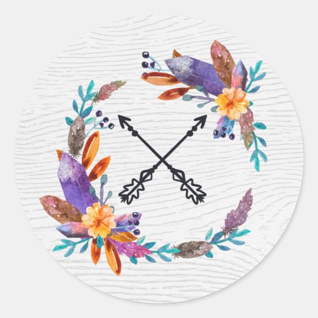 Sticker Rond Boho Rustique Chic Crystal Gems Plumes Aquarelle (Devant)