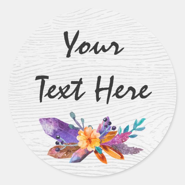 Sticker Rond Boho Rustique Chic Crystal Gems Plumes Aquarelle (Devant)