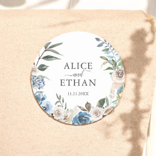 Sticker Rond Boho Rustique Dusty Blue Flowers Mariage