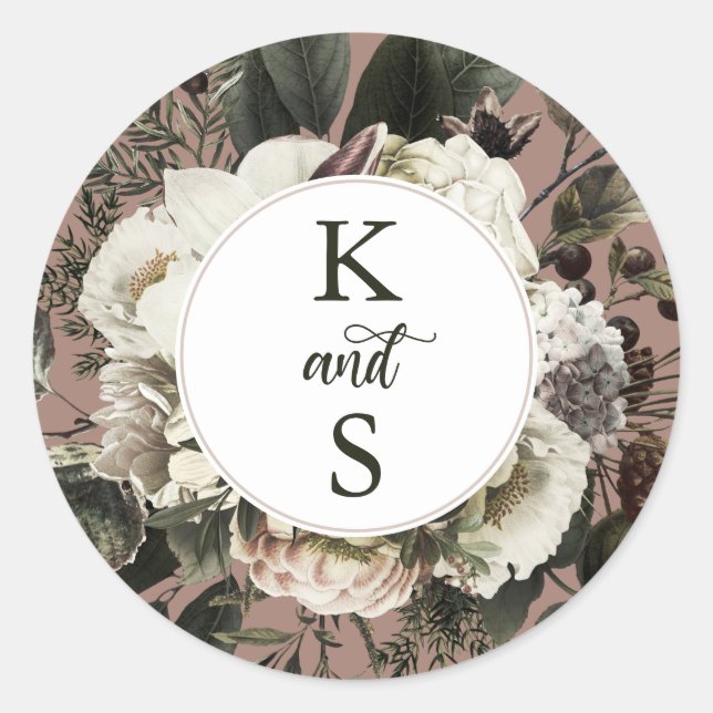 Sticker Rond Boho Rustique Dusty rose Floral Mariage Monogram C (Devant)