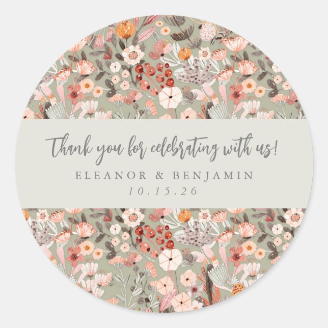 Sticker Rond Boho Rustique Floral Personnalisé Mariage Noms Mer (Devant)
