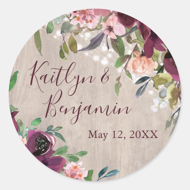 Sticker Rond Boho Rustique Lumières Florales Mariage polyvalent (Devant)