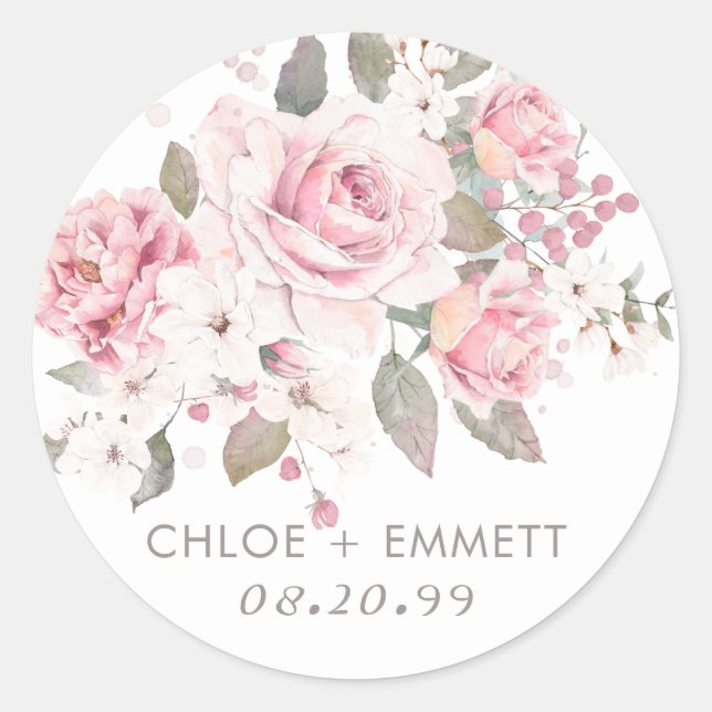 Sticker Rond Boho Rustique Rose rose rose rose Mariage Floral (Devant)