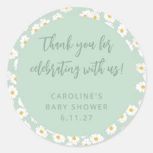 Sticker Rond Boho Sage Daisies Floral Custom Baby shower Merci