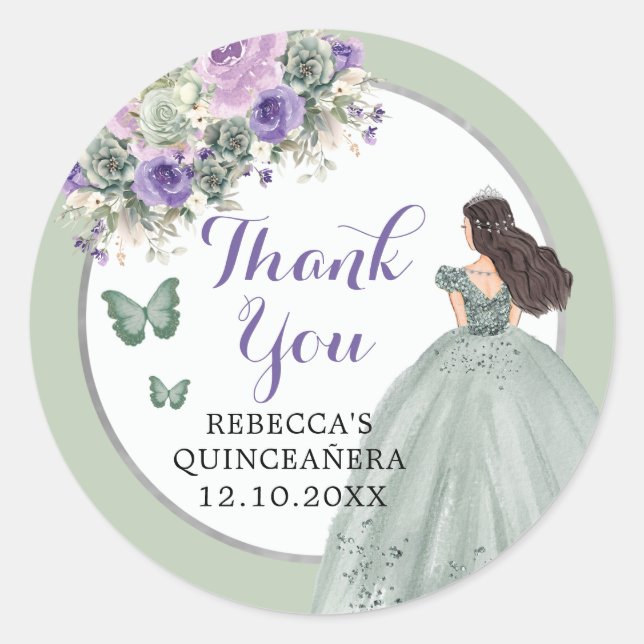 Sticker Rond Boho Sage Green Lilac Girl Floral Quinceañera (Devant)