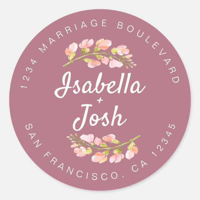 Sticker Rond Boho Script rose Floral Mariage Adresse de retour (Devant)