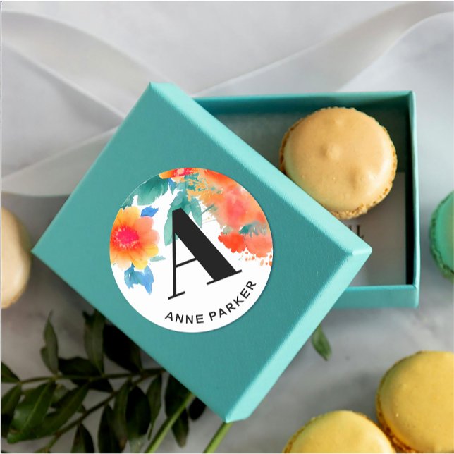 Sticker Rond Boho Stylish Aquarelle Nom Floral Monogramme (Créateur téléchargé)