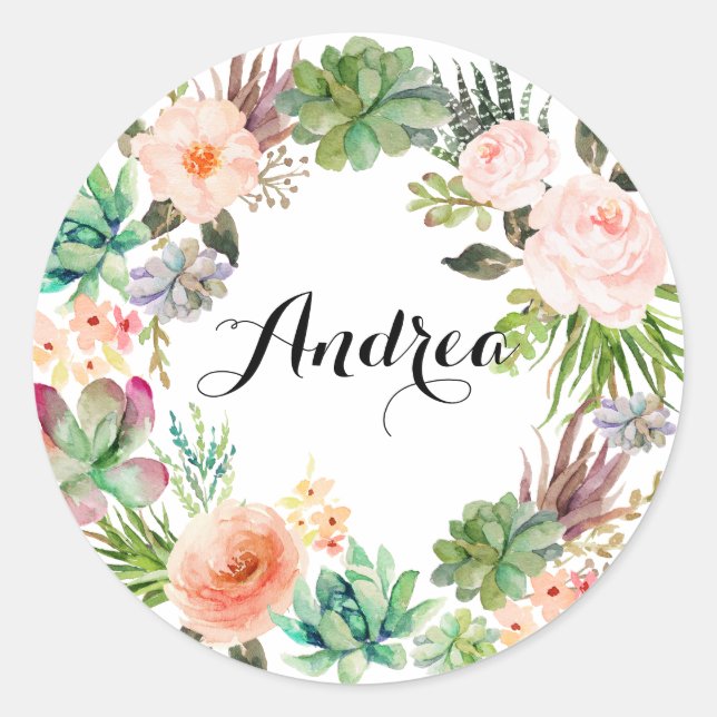 Sticker Rond Boho Succulents Floral Wreath Personnalisé (Devant)