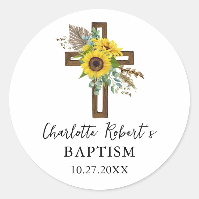 Sticker Rond Boho Sunflower & Eucalyptus Rustic Cross Baptism (Devant)
