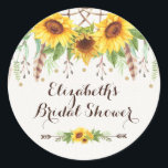 Sticker Rond Boho Sunflowers Rustic Fête des mariées Party Fave<br><div class="desc">Beau autocollant rond d'inspiration boho avec des tournesols rustiques aquarelles,  plumes et feuilles verts attachés à un attrapeur de rêve</div>