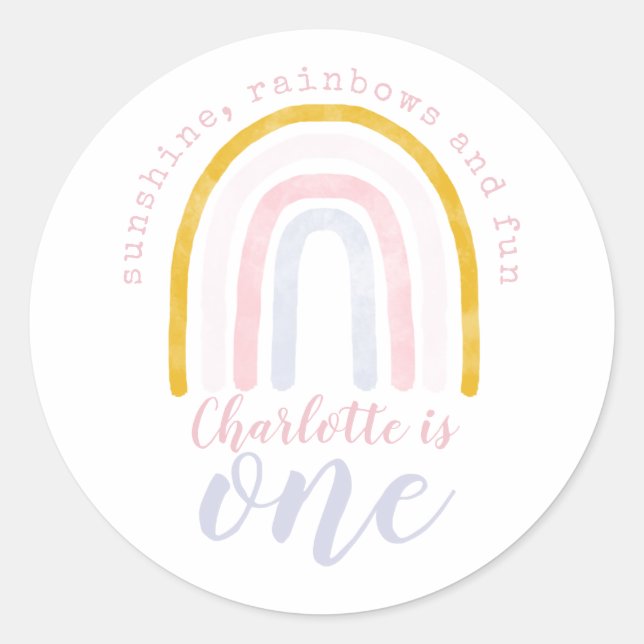 Sticker Rond Boho Sunshine, Rainbows et Fun Premier anniversair (Devant)