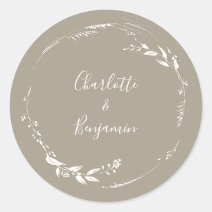 Sticker Rond Boho Taupe Floral Wreath Calligraphie personnalisé