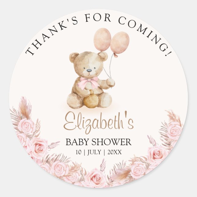Sticker Rond Boho Teddy Bear Baby Shower Girl (Devant)