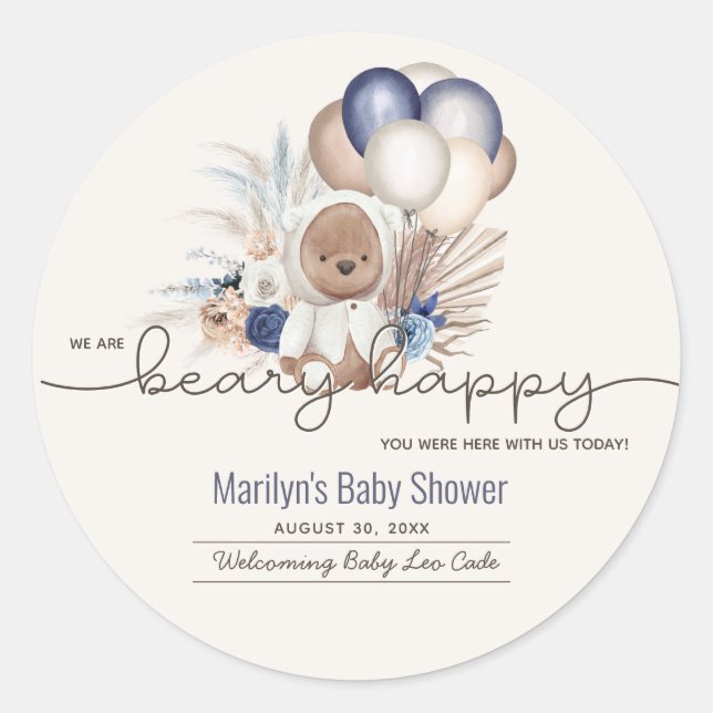 Sticker Rond Boho Teddy Bear & Balloons Bearly Wait Baby shower (Devant)