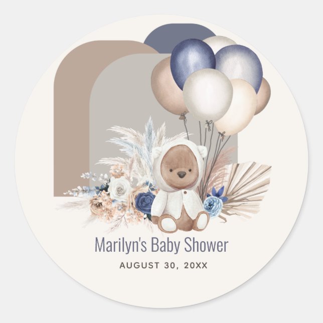 Sticker Rond Boho Teddy Bear & Balloons Bearly Wait Baby shower (Devant)