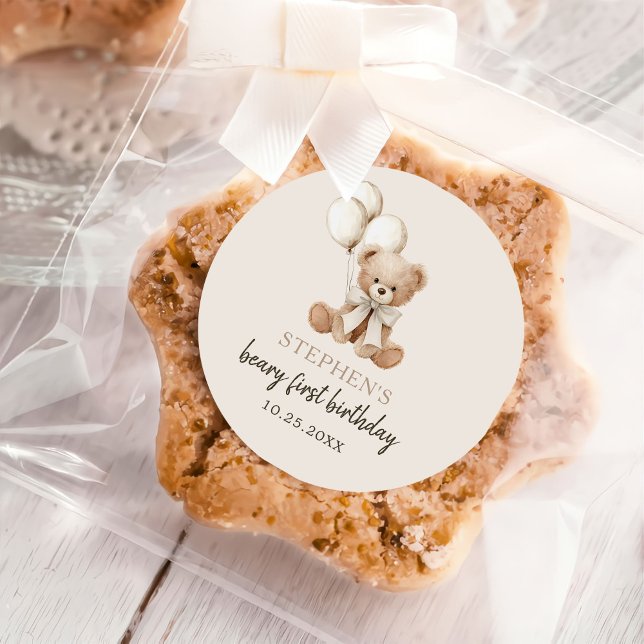 Sticker Rond Boho Teddy Bear Beary First 1st Birthday Party (Créateur téléchargé)