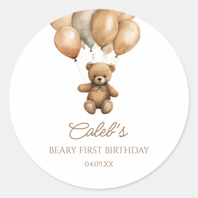 Sticker Rond Boho Teddy Bear Beary Premier anniversaire fête (Devant)