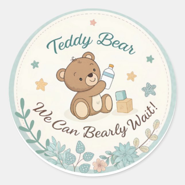 Sticker Rond Boho Teddy Bear Bleu Bearly Wait Baby shower (Devant)