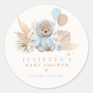 Sticker Rond Boho Teddy Bear Bleu Bearly Wait Baby shower