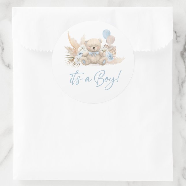 Sticker Rond Boho Teddy Bear Bleu Bearly Wait Baby shower Favor (Sac)