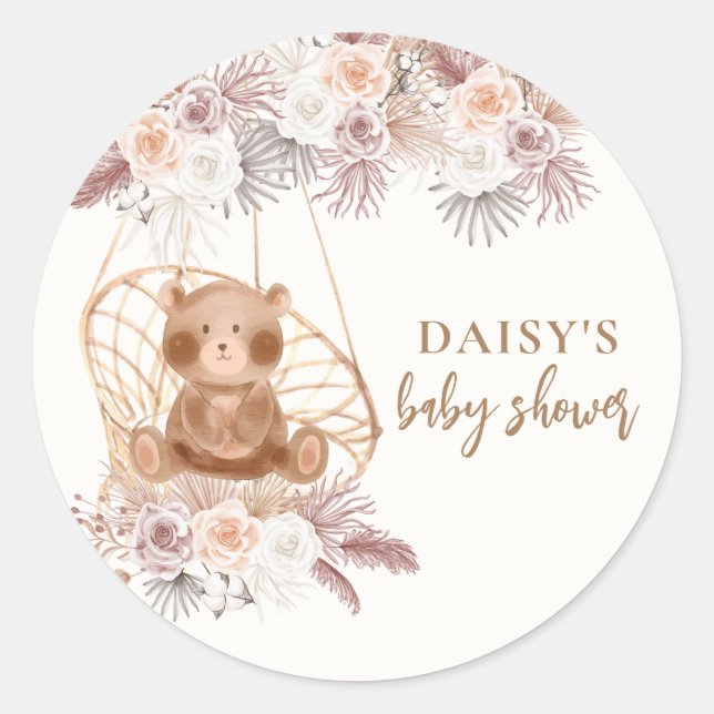Sticker Rond Boho Teddy Bear Pampas Baby shower Fleur (Devant)