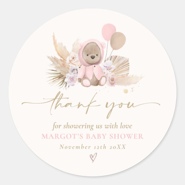 Sticker Rond Boho Teddy Bear rose Bearly Baby shower d'attente  (Devant)