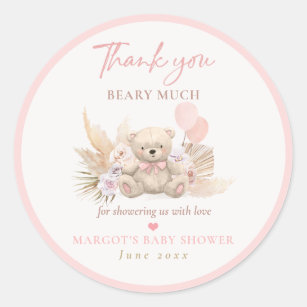 Sticker Rond Boho Teddy Bear rose Bearly Baby shower d'attente 