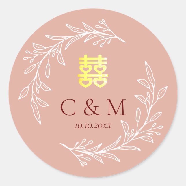 Sticker Rond Boho teintée feuille rose wreath moderne mariage c (Devant)