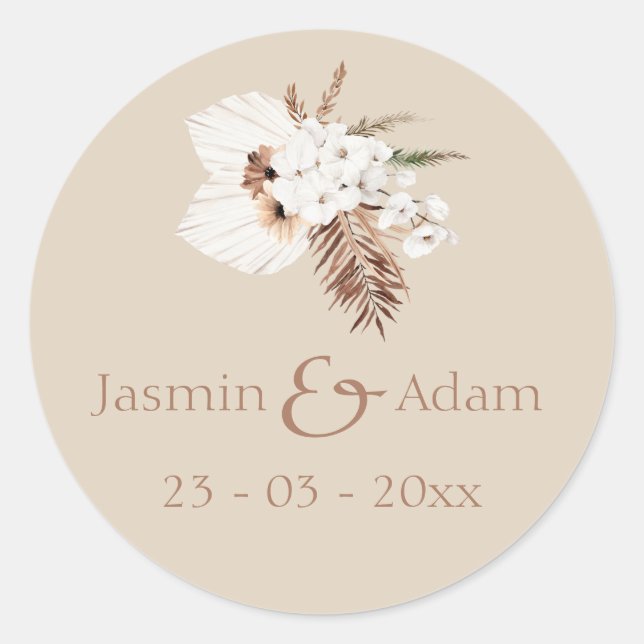 Sticker Rond Boho Terracotta Beige Pampas Grass Mariage Floral (Devant)