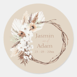 Sticker Rond Boho Terracotta Beige séché Floral Wreath Weddin