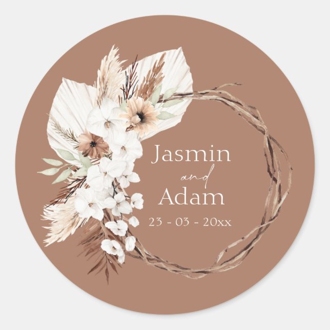Sticker Rond Boho Terracotta Brown séché fleuri Mariage (Devant)