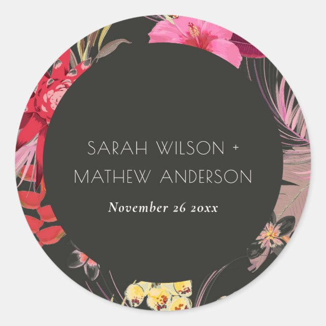 Sticker Rond Boho Tropical Dark Lively Red Blush Floral Mariage (Devant)