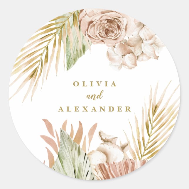 Sticker Rond Boho Tropical Floral et Palm Mariage (Devant)