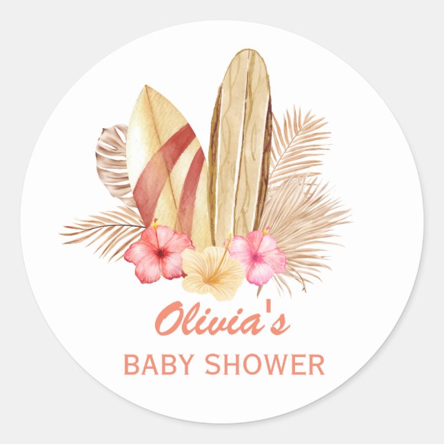 Sticker Rond Boho Tropical Flower SurfIng Baby shower (Devant)